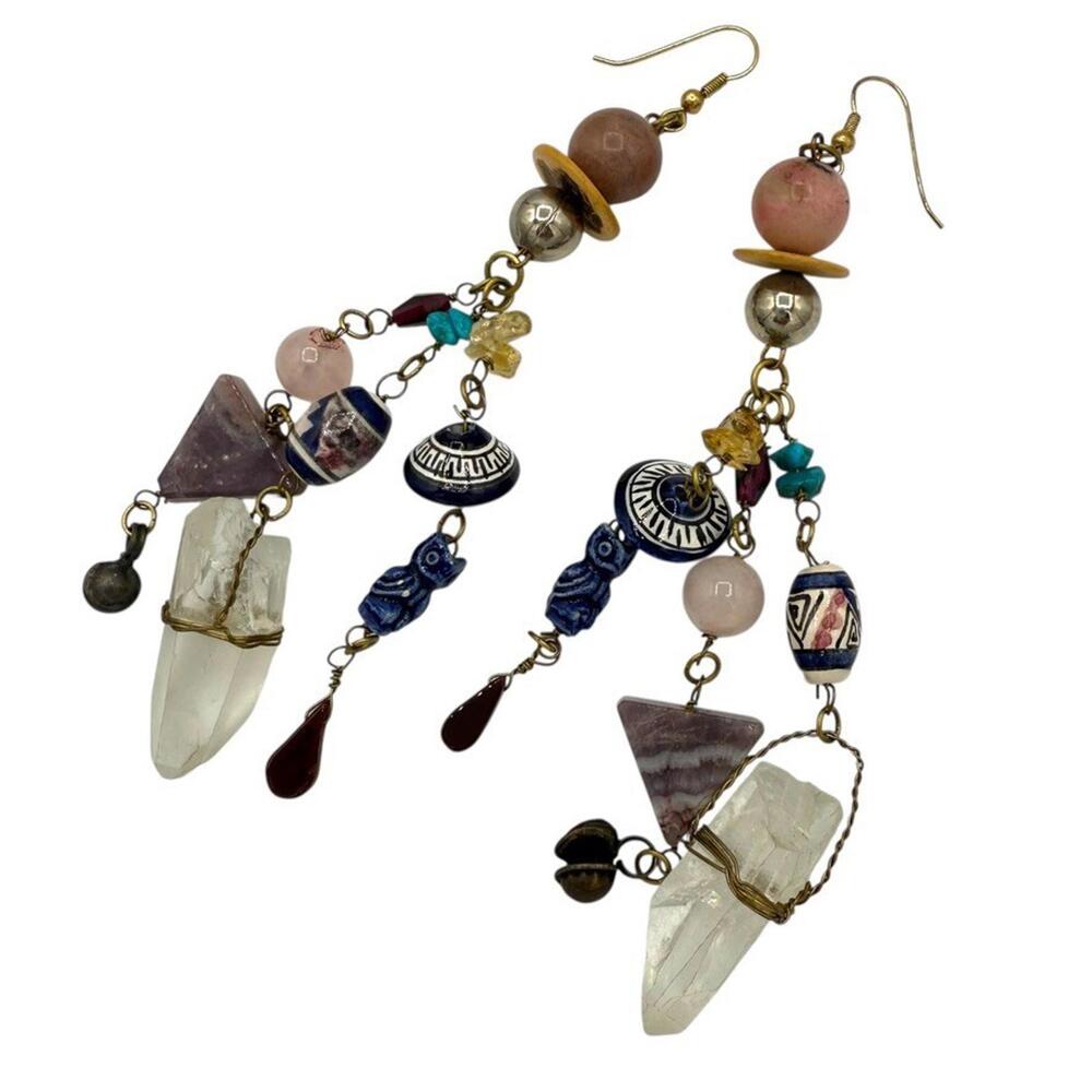 Artisan Bold Statement handmade Earrings Quartz, Rhodonite, ceramic Bohemian Owl